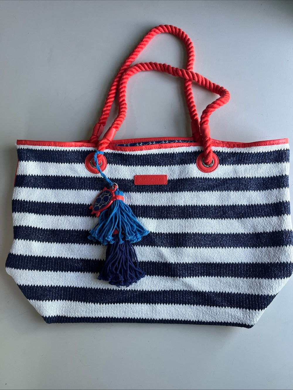 Vera Bradley Navy & White Striped Tote with Coral Rope Handles